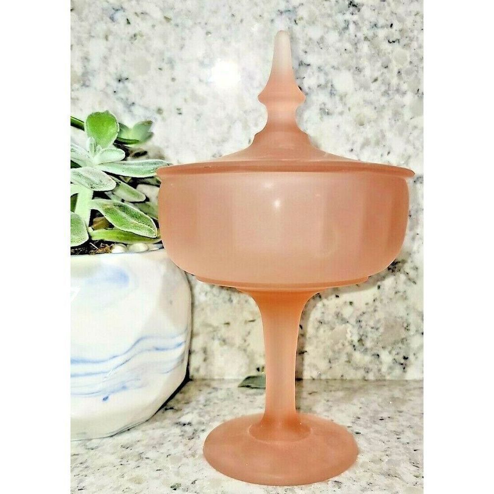 Frosted Pink Satin Glass Candy Dish with‎ Lid Pink 9" Tall Vintage